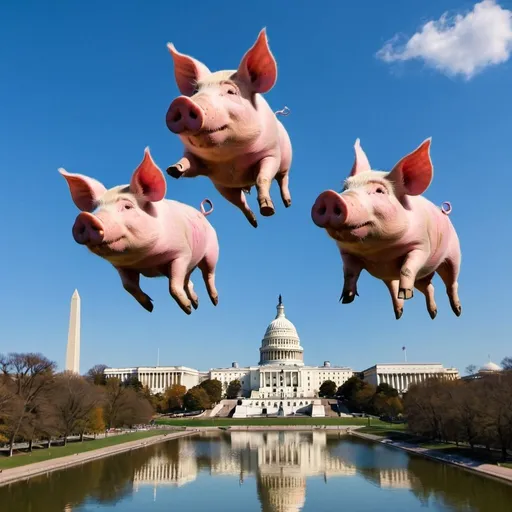 Prompt: three pigs flying over washington DC
