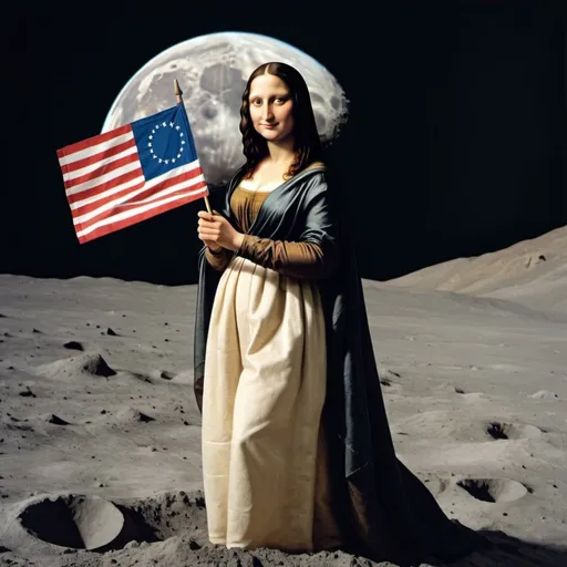Prompt: Mona Lisa walking on the Moon planting the flag of The Republic of Florence.