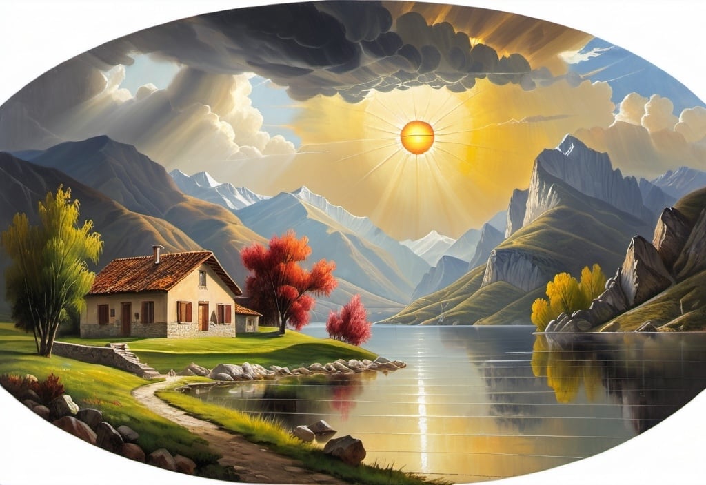 Prompt: painting of  a house  by a lake with mountains in the background and a sun above it, Juan Bautista Maíno, american scene painting, stormy weather, a professional painting, UHD 64K