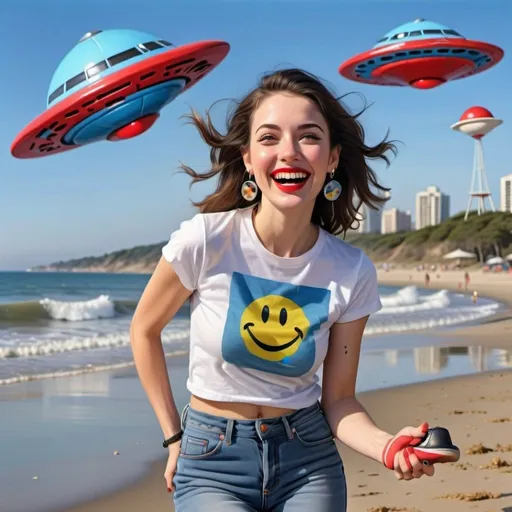 Prompt: photorealistic portrait of a [(27 year-old woman),  (red lipstick), (a smile on her face), ( smiley face earrings), (smiley t-shirt), (long blue jean), (red and blue tennis shoes),]on the beach, looking very excited at an attacking UFO