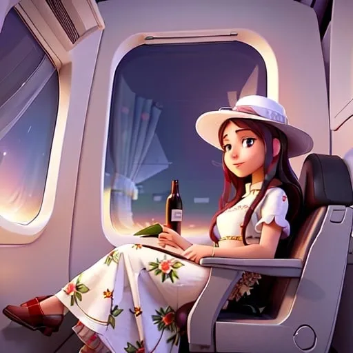 Prompt: a 21-year-old woman in a long flower print Empire Dress with a high neck line and white hat  sitting on an airplane seat with a hat on her head, drinking red wine, and an attacking UFO in the night shy in in the background with a window, Annie Leibovitz, precisionism, promotional image, an art deco painting