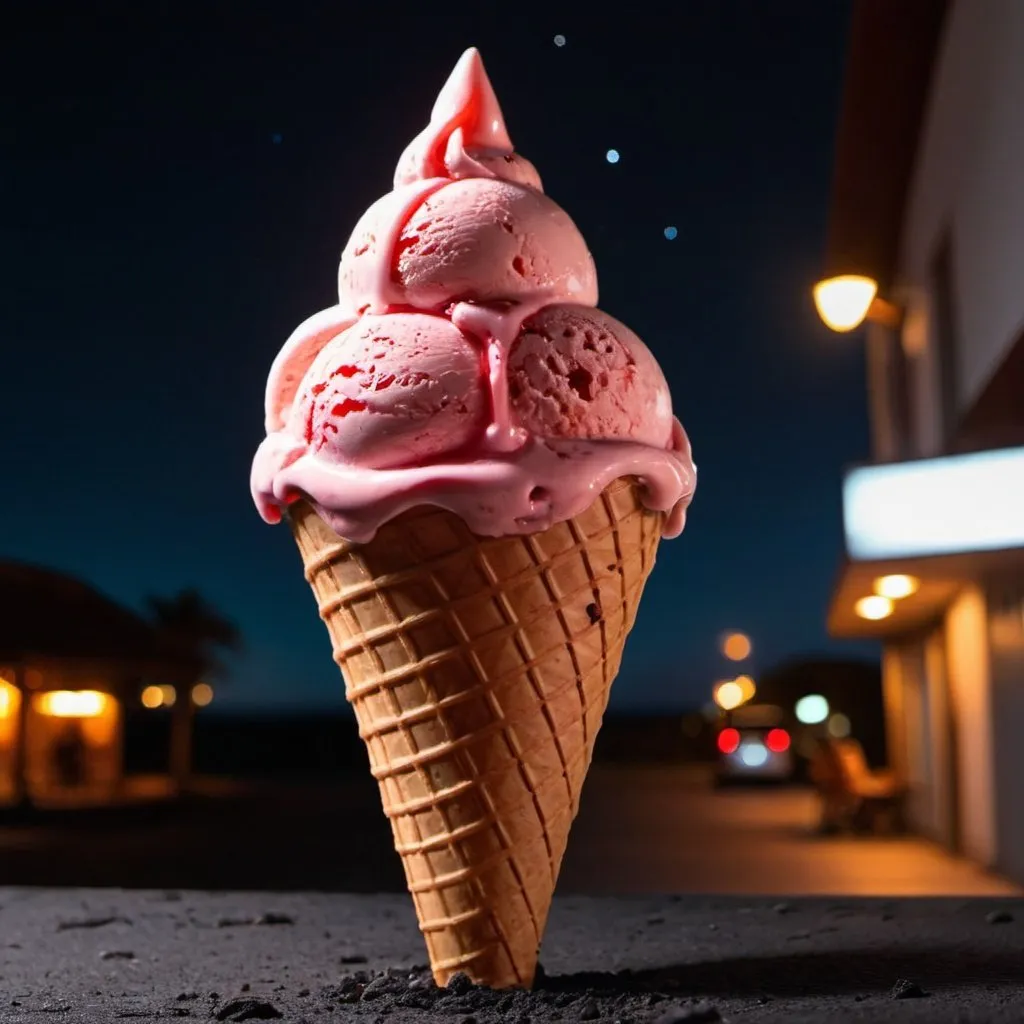 Prompt:  ice cream made of  lava in a cone at night 