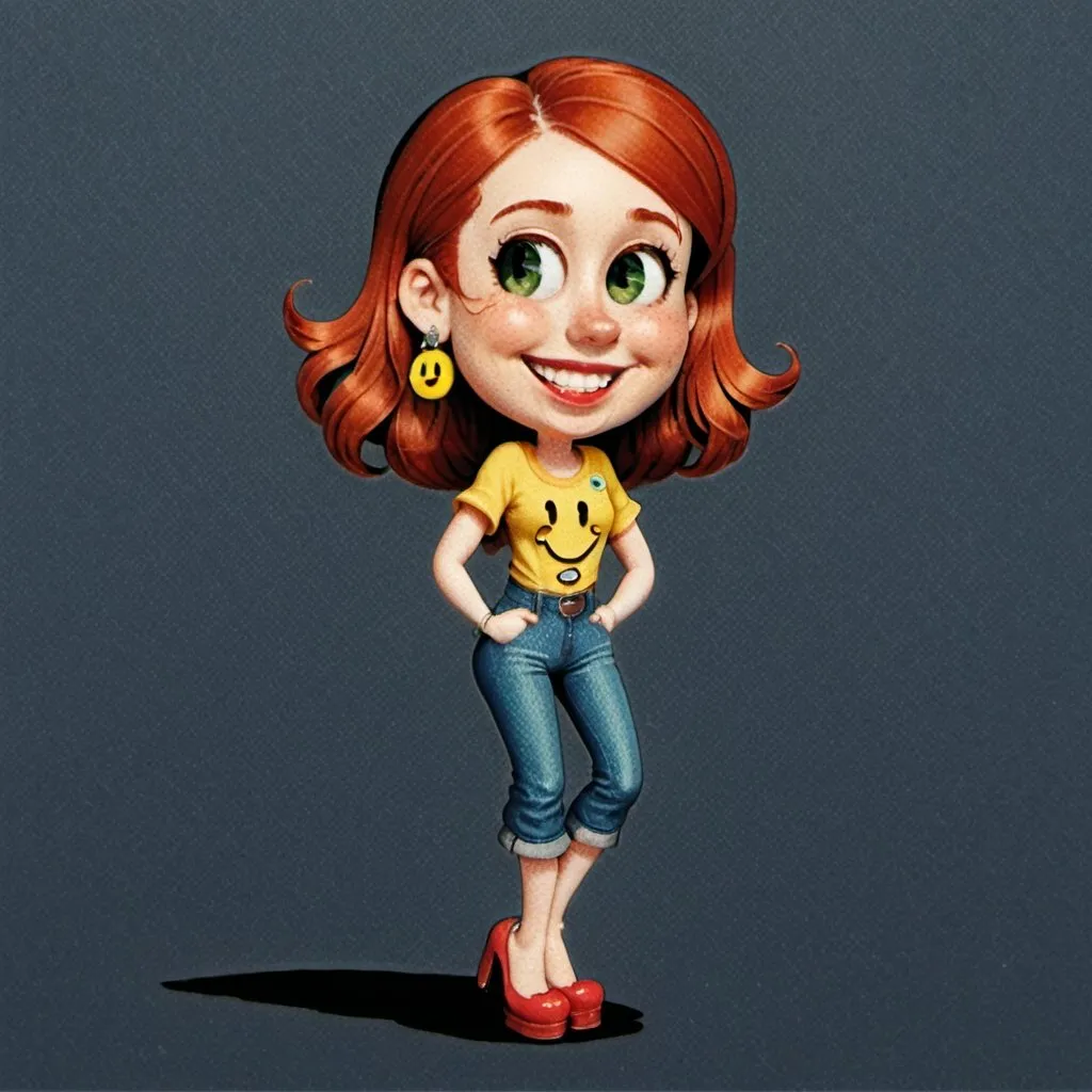 Prompt: portrait,  
27 year-old woman, 
walking,
cover with dark freckle, 
green eyes, 
long ginger hair, 
red lipstick, 
a smile on her face, 
(earrings with a smiley face on it's earring hooks),  
(smiley-face t-shirt), 
long blue jean, 
