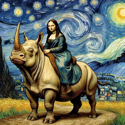 Prompt: Mona Lisa riding a Rhinoceros  in  "The Starry Night" by Vincent van Gogh