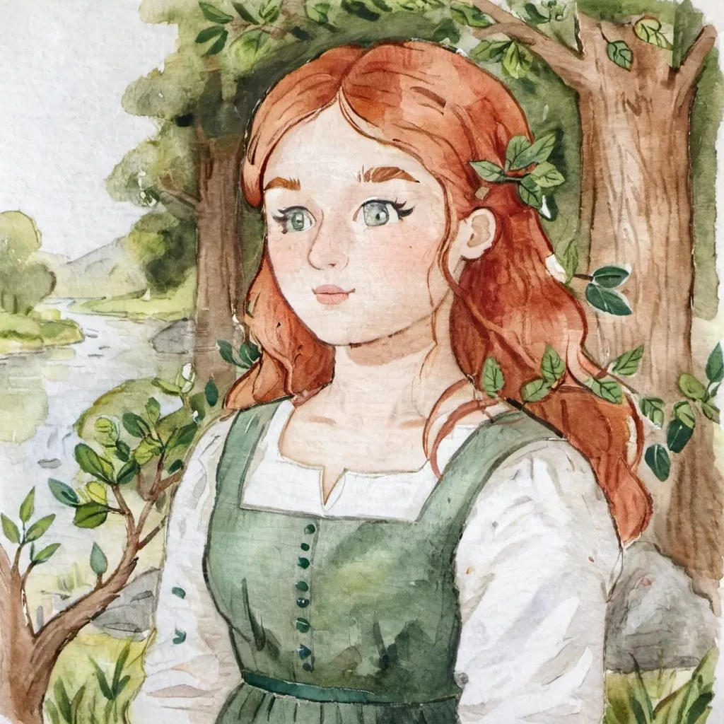 Prompt: a painting of a woman with red hair and a green dress and a white shirt and a tree and a river, Anne Said, pre-raphaelitism, pre - raphaelite, an ultrafine detailed painting

Anne Shirley at age of 21, by L. M. Montgomery