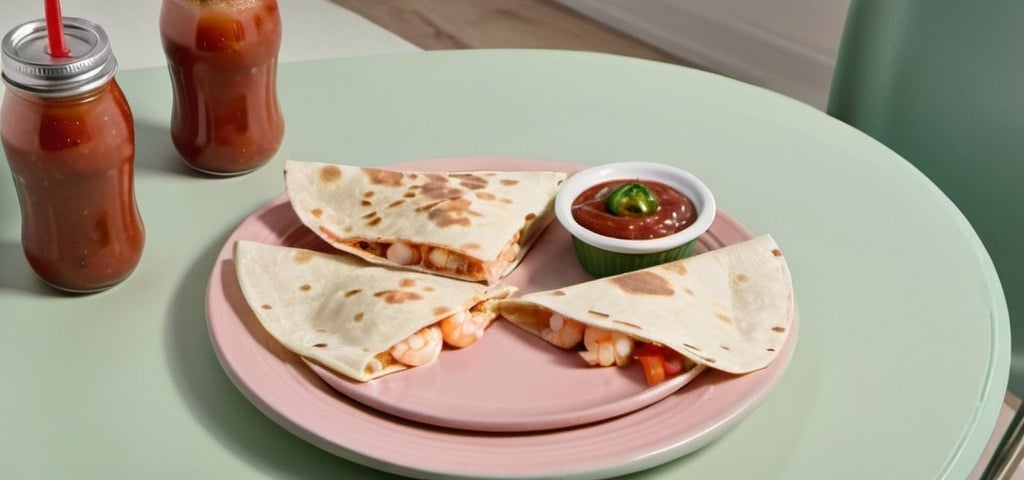 Prompt: a plate with a  shrimp quesadilla, a small containers with lid of salsa,  a small containers with lid of sure cream, and  bottle of soda on the table,  superflat, product photo, a pastel