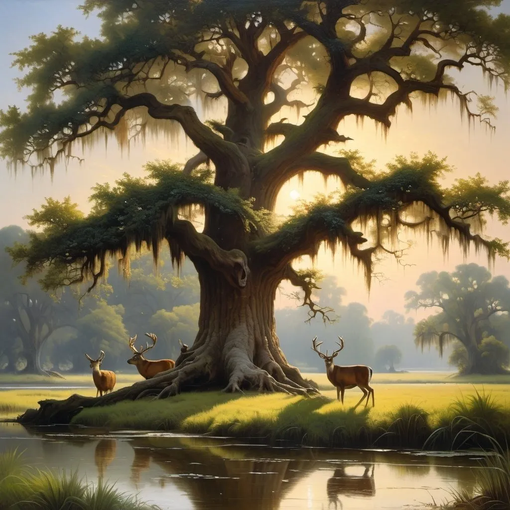 Prompt: Create a UHD, 64K, professional oil painting in the style of Carl Heinrich Bloch, blending the American Barbizon School and Flemish Baroque influences. Depict  An ancient oak tree in a Louisiana swamp covered in Spanish moss with a family of deer drinking from the water nearby.