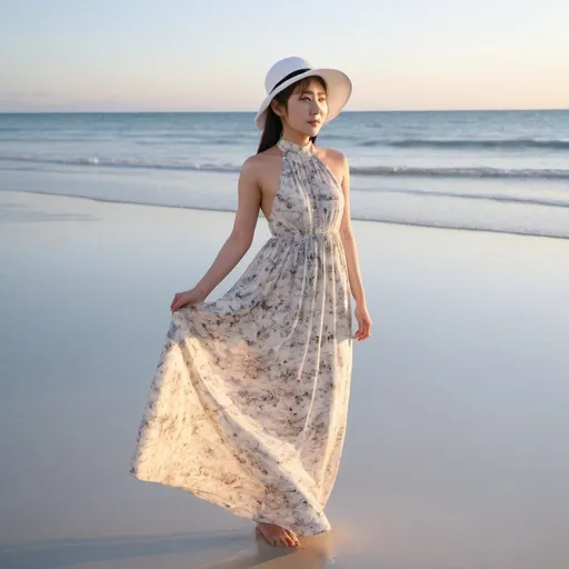Prompt: japanese woman, 26yo,  hair in a French braid (( long flower print Empire Dress with a high neck line and white hat)) standing at sea at dawn,  standing on white beach sand