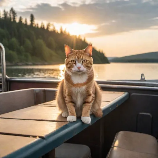 Prompt: A cat that is sitting on a table. 
The table is in the bed of a pickup truck.
The pickup truck is on a ferry.
The  ferry is on a lake.
, wide angle view, full depth of field, beautiful, high resolution, golden hour lighting,