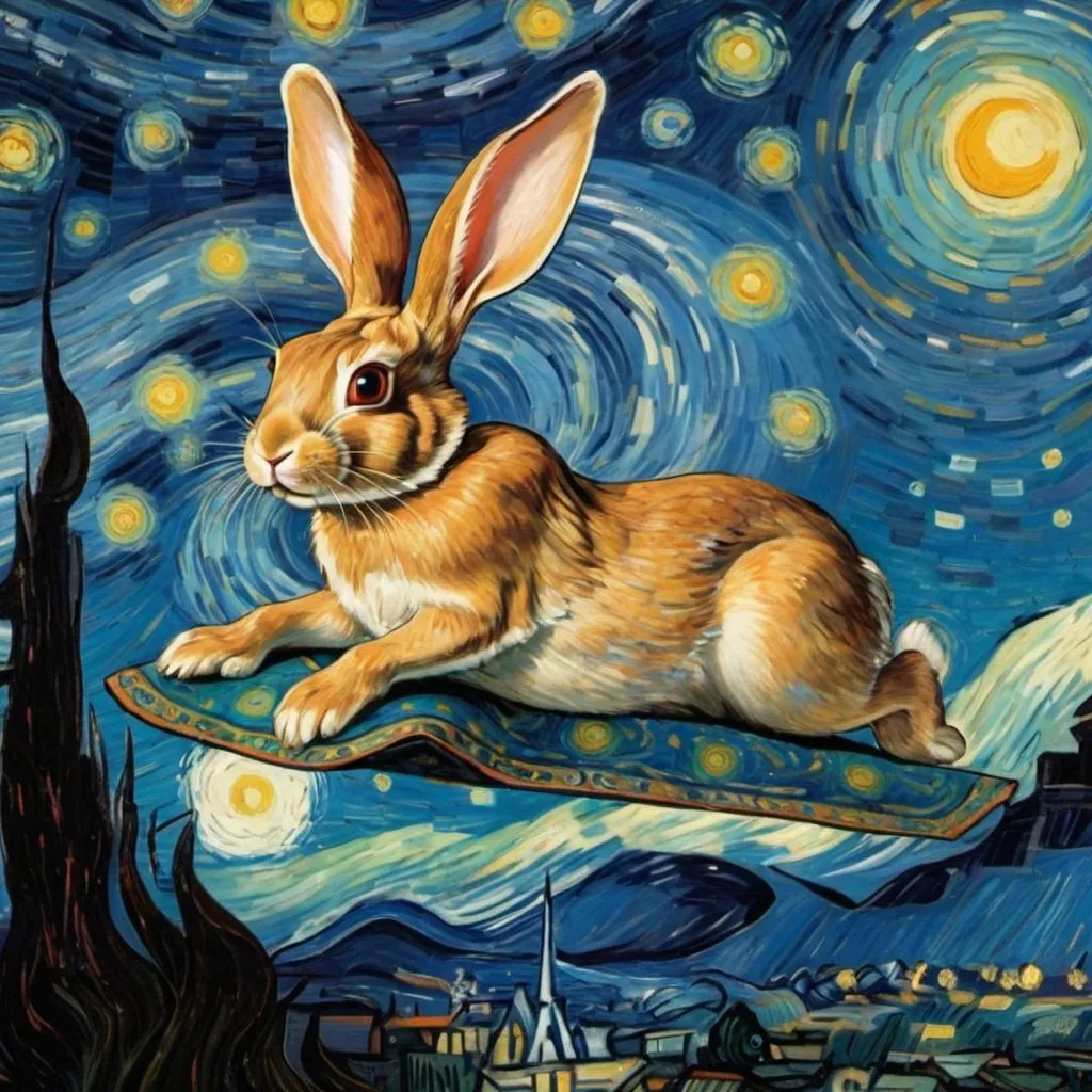 Prompt: A rabbit flying on a "magic carpet" in "The Starry Night" by Vincent van Gogh