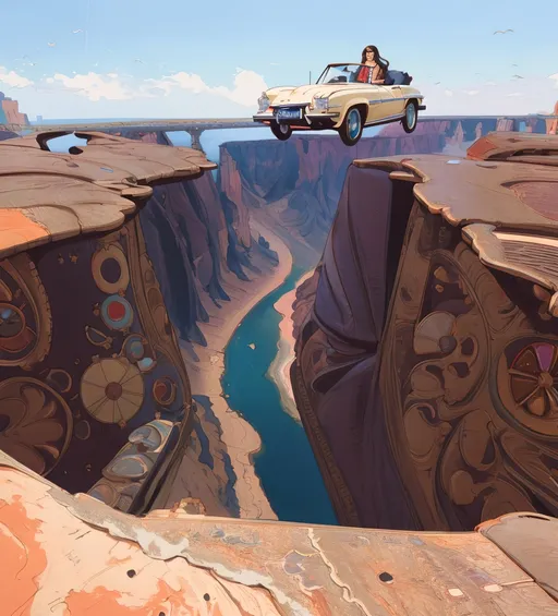 Prompt: a car is flying over a canyon with a river in it and Mona Lisa  is sitting in the in  car, Mona Lisa in the convertible. Mona Lisa's hands is on the steering wheel of the convertible. Mona Lisa is driving the convertible.