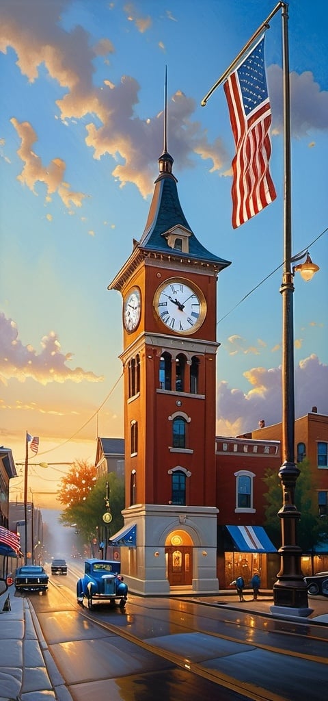 Prompt: a painting of a clock tower with a flag on the street in front of it and a car parked on the street, Evgeny Lushpin, american scene painting, detailed painting, a detailed painting
a painting of a blue car parked on a street with a clock tower in the background and a blue awning, Evgeny Lushpin, american scene painting, kinkade, an ultrafine detailed painting
a painting of a blue car driving down a street next to a clock tower and a clock tower with a flag, Evgeny Lushpin, american scene painting, city background, a detailed matte painting
a clock tower with a flag flying in the background and a building with a flag on top of it, Evgeny Lushpin, american scene painting, detailed painting, an ultrafine detailed painting
a clock tower with a flag flying in the background and a building with a flag on top of it, Evgeny Lushpin, american scene painting, detailed painting, an ultrafine detailed painting
a clock tower with a flag on the street in front of it and a flag flying in the wind, Arlington Nelson Lindenmuth, american scene painting, award-winning photograph, a digital rendering
a clock tower with a flag flying in the wind on a street corner in front of a building with a clock, Dennis Ashbaugh, regionalism, award-winning photograph, a digital rendering
a clock tower with a flag on the street in front of it and a flag flying in the wind, Dennis Ashbaugh, regionalism, award - winning photo, a digital rendering
a clock tower in the middle of a city street at sunset with a flag on the corner of the building, Everett Warner, regionalism, award-winning photograph, a tilt shift photo
a tall building with a clock on the top of it's tower and a street light in front of it, Dave Arredondo, regionalism, sunset lighting, a photo