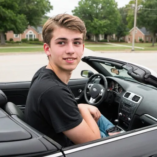 Prompt: 21 year-old college MAN is driving a convertible,
