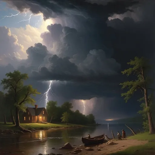 Prompt: Create a UHD, 64K, professional oil painting in the style of Albert Bierstadt, Hudson River School, american scene painting, Depict  "The night had closed in before the storm came; a thunderstorm which broke with a force unparalleled in my memory."