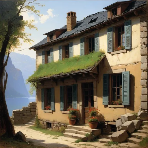 Prompt: "A modest abode the house was built of rough stone with a slate roof and small grimy windows that looked out onto the narrow street."

Victor Hugo, Les Misérables (1862)

Bierstadt Albert, Hudson River School, american scene painting,
