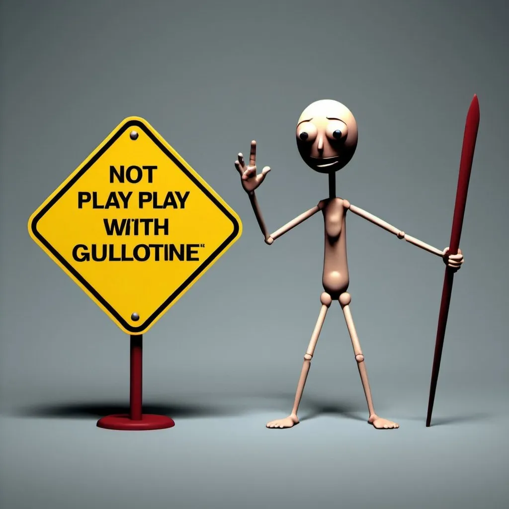 Prompt: create a funny  stick-man warning signs for "do NOT PLAY with guillotine!!!!"