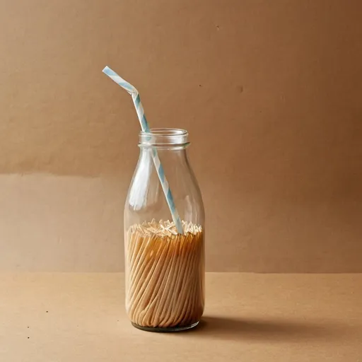 Prompt: a straw in an open glass bottle in a wrinkled brown paper.