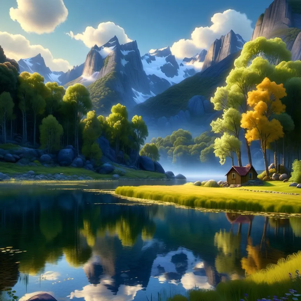 Prompt: Create a UHD, 64K, professional oil painting in the style of Carl Heinrich Bloch, blending the American Barbizon School and Flemish Baroque influences.   Depict the theme of the poem 

The Lake Isle of Innisfree
BY WILLIAM BUTLER YEATS

I will arise and go now, and go to Innisfree,
And a small cabin build there, of clay and wattles made;
Nine bean-rows will I have there, a hive for the honey-bee,
And live alone in the bee-loud glade.

And I shall have some peace there, for peace comes dropping slow,
Dropping from the veils of the morning to where the cricket sings;
There midnight’s all a glimmer, and noon a purple glow,
And evening full of the linnet’s wings.

I will arise and go now, for always night and day
I hear lake water lapping with low sounds by the shore;
While I stand on the roadway, or on the pavements grey,
I hear it in the deep heart’s core.

