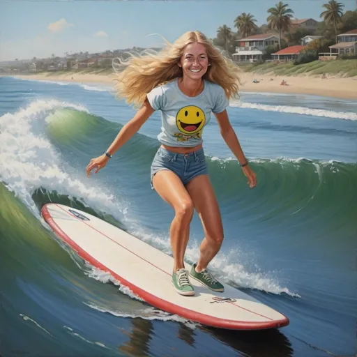 Prompt: a full-length portrait painting,
 27 year-old woman, 
 riding a surfboard  going for the tube
cover with dark freckle,
green eyes, 
long blonde hair, 
a smile on her face, 
smiley-face  t-shirt, 
long blue jean,
red and blue tennis shoes,
1970s oil painting,

