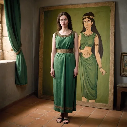 Prompt: a woman in a green dress standing in a room with a painting on the wall behind her and a painting on the wall behind her, 8th century BC, Full body portrait, a painting