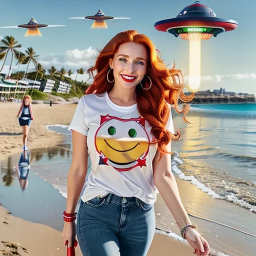 Prompt: photorealistic portrait of a [(27 year-old woman),  (cover with dark freckle), (green eyes), (long ginger hair), (red lipstick), (a smile on her face), ( smiley face earrings), (smiley-face t-shirt), (long blue jean), (red and blue tennis shoes),]on the beach, looking very excited at an attacking UFO