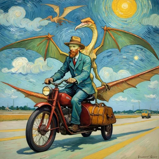 Prompt: "Vincent van Gogh"  riding a  pterodactyl in  an airport