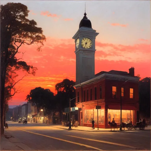 Prompt: <mymodel>a tall building with a clock on the top of it's tower and a street light in front of it, Dave Arredondo, regionalism, sunset lighting, a photo