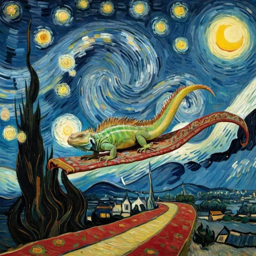 Prompt: a Iguana flying on a "magic carpet" in "The Starry Night" by Vincent van Gogh
