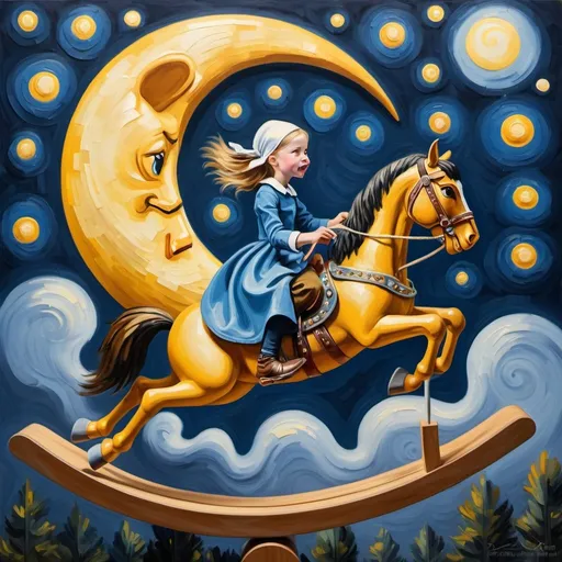 Prompt: a painting  of the girl with the pearl earring wearing cowboy hat riding a airborne  rocking horse, attach to wood rocker, that is jumping over the Moon.  in the style of "The Starry Night" by Vincent van Gogh