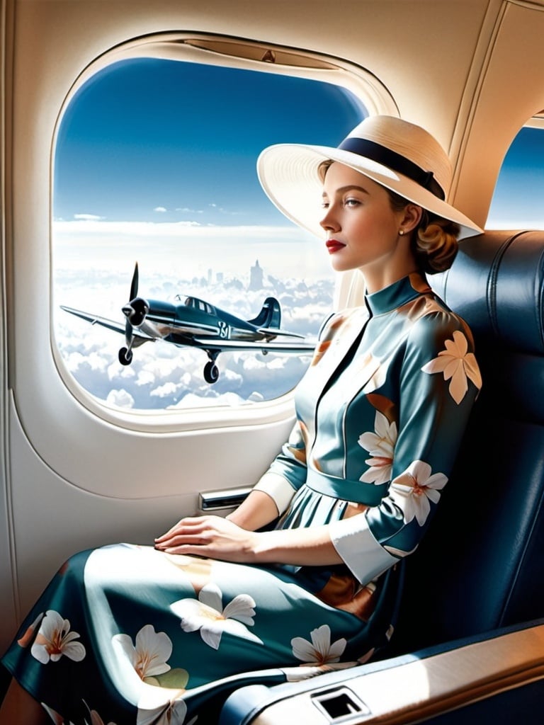 Prompt: a (( 21-year-old woman in a long flower print Empire Dress with a high neck line and white hat)) sitting on an airplane seat with a hat on her head and a plane in the background with a window, Annie Leibovitz, precisionism, promotional image, an art deco painting