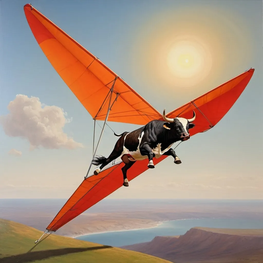 Prompt: A bull  flying over jupiter's red spot  on hang glider, 1970s oil painting,

