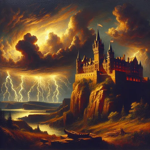 Prompt: a painting of The Castle was a vast and majestic pile standing on an eminence and commanding the whole of the country around, a dark and stormy night,  The tempest broke with a sudden fury the heavens were lit up by a continuous blaze of lightning and the thunder pealed with appalling force, Brothers Hildebrandt, american scene painting, highly detailed oil painting, a fine art painting, UHD, 64K