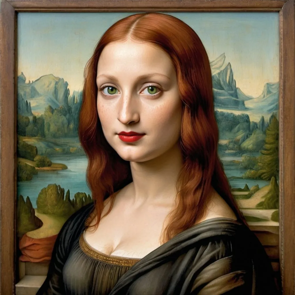 Prompt:  half-length Italian Renaissance portrait painting, Mona Lisa, freckle, red hair, green eyes, red lipstick,  style of  Leonardo da Vinci.