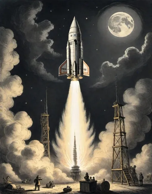 Prompt: a newspaper cartoon of a rocket is being launched on a clear night with fire andsmoke billowing out of it's back end,
Thomas Nast,
american realism, 
set in 1860, 
an illustration of
moon lighting,
rembrandt lighting, 

