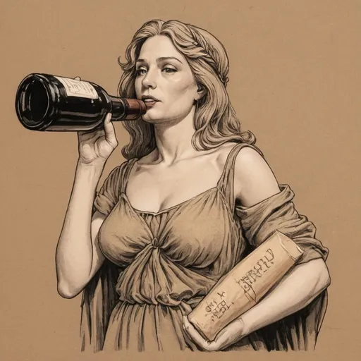 Prompt: political cartoon of Lady Justice drinking straight from a "wine bottle that is wrap in a brown paper."   