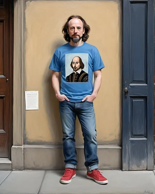 Prompt: a full-length portrait painting,
William Shakespeare,
standing on the sidewalk outside the 	Globe Theatre, 
A rock band souvenir t-shirt, 
long blue jean,
blue tennis shoes,
academic art, renaissance oil painting