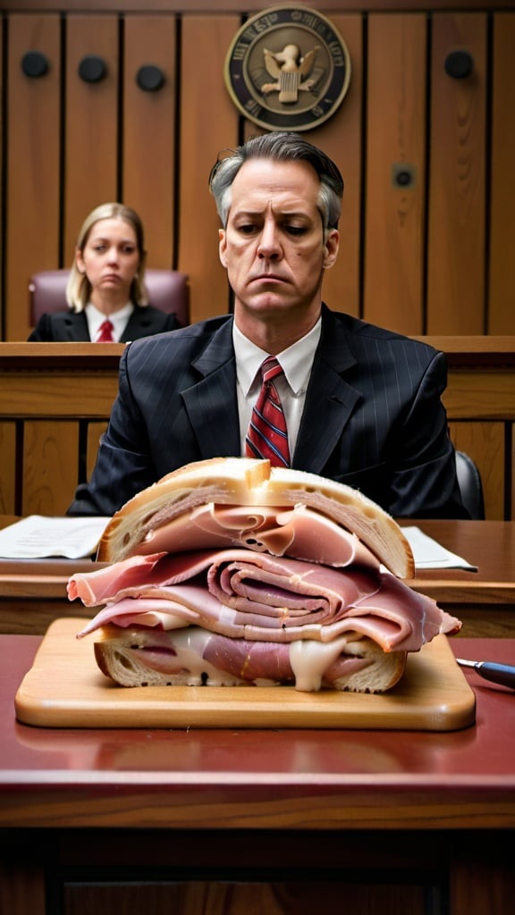 Prompt: an indictment ham sandwich on the witness stand in court