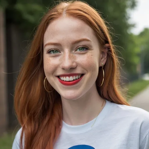 Prompt: a half-length portrait,  
27 year-old woman, 
walking,
cover with dark freckle, 
green eyes, 
long ginger hair, 
red lipstick, 
a smile on her face, 
(smiley-face-earrings),  
smiley-face t-shirt, 
long blue jean, 
red and blue tennis shoes,  
photo 