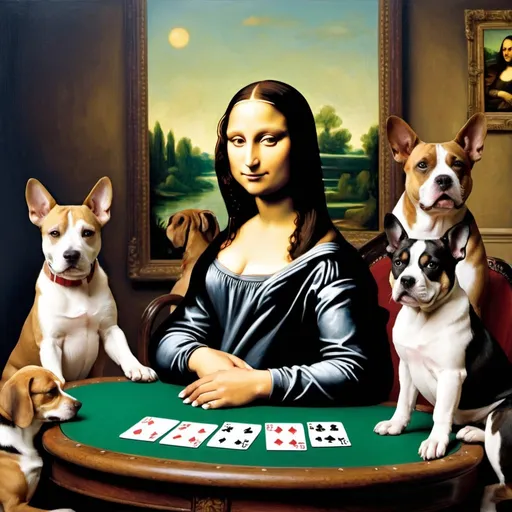 Prompt: Mona Lisa  playing poker with the dogs playing poker