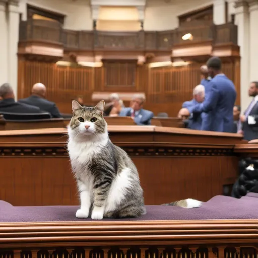 Prompt: <mymodel> A Cat sitting on a legislative  podium  during a legislative session.