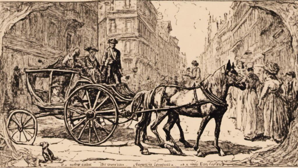 Prompt: <mymodel>a drawing of a horse drawn carriage with people on it and a man standing next to it, and a dog sitting on the ground, Coppo di Marcovaldo, les automatistes, promotional image, a storybook illustration