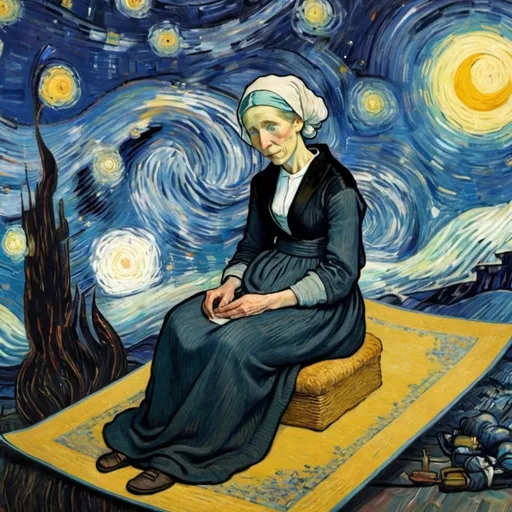 Prompt:  "whistler mother" flying on a "magic carpet" in "The Starry Night" by Vincent van Gogh