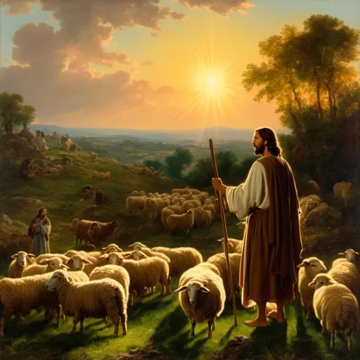 Prompt: a painting of Jesus as the shepherd  in a field of sheep with the sun setting behind him and a shepherd standing in the grass.<mymodel>