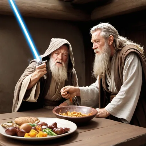 Prompt: Obi-Wan Kenobi and Gandalf in a food fight