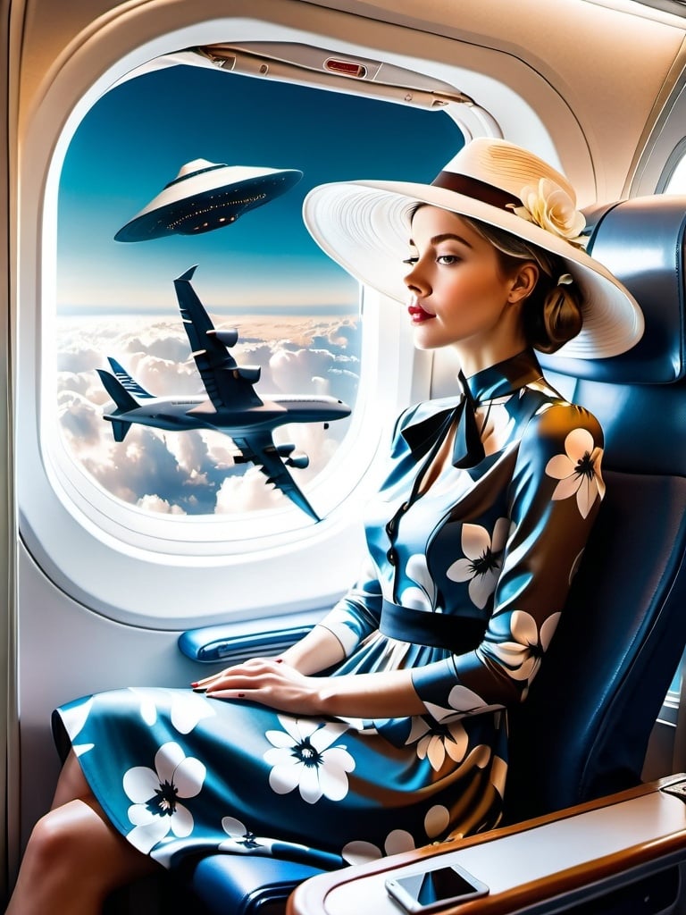 Prompt: a   21-year-old woman in a long flower print Empire Dress with a high neck line and white hat, sitting on an airplane seat with a hat on her head.

The woman is  having a nightmare about her work. 

UFO shape like the  her desk in her office is  in the window in the background with a window, 