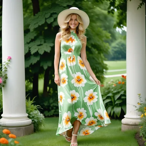 Prompt: happy 27-year-old woman in an long ankle length  flower print  Empire Dress with a high neck line and white hat, standing on the green grass, a beautiful expressive face, curly blond hair, full-length, feet, in an amazingly beautiful garden, exactly beautiful photo , highly photo, full-length photo, 1970s oil painting