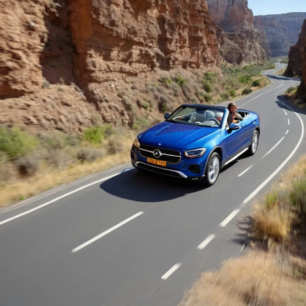 Prompt: 27 year-old woman driving a convertible, 
the convertible  is  jumping over a canyon,
the convertible  is in the air