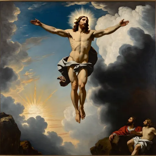Prompt: a painting of a religious painting,
Jesus'  glorified body  is ascending into the clouds, 
Gustave Courbet,
oil painting,
UHD,
 64K