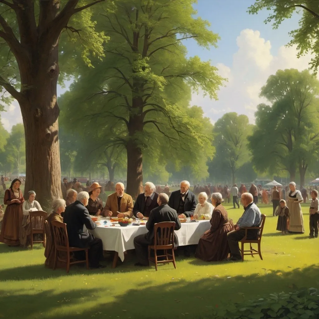 Prompt: a  painting of a scene daily life ,
three generation of extended family meeting of family reunion  in a park, 
Albert Bierstadt,
highly detailed, 
professional oil painting,
UHD,
64K