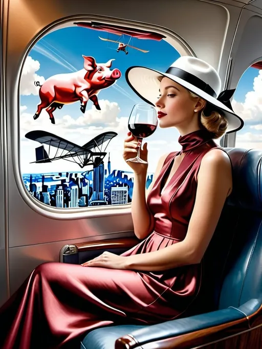 Prompt: a 21-year-old woman in a long flower print Empire Dress with a high neck line and white hat  sitting on an airplane seat with a hat on her head, drinking red wine, and a ((a pig  flying by way of hang glider over New York city ))  in the background with a window, Annie Leibovitz, precisionism, promotional image, an art deco painting